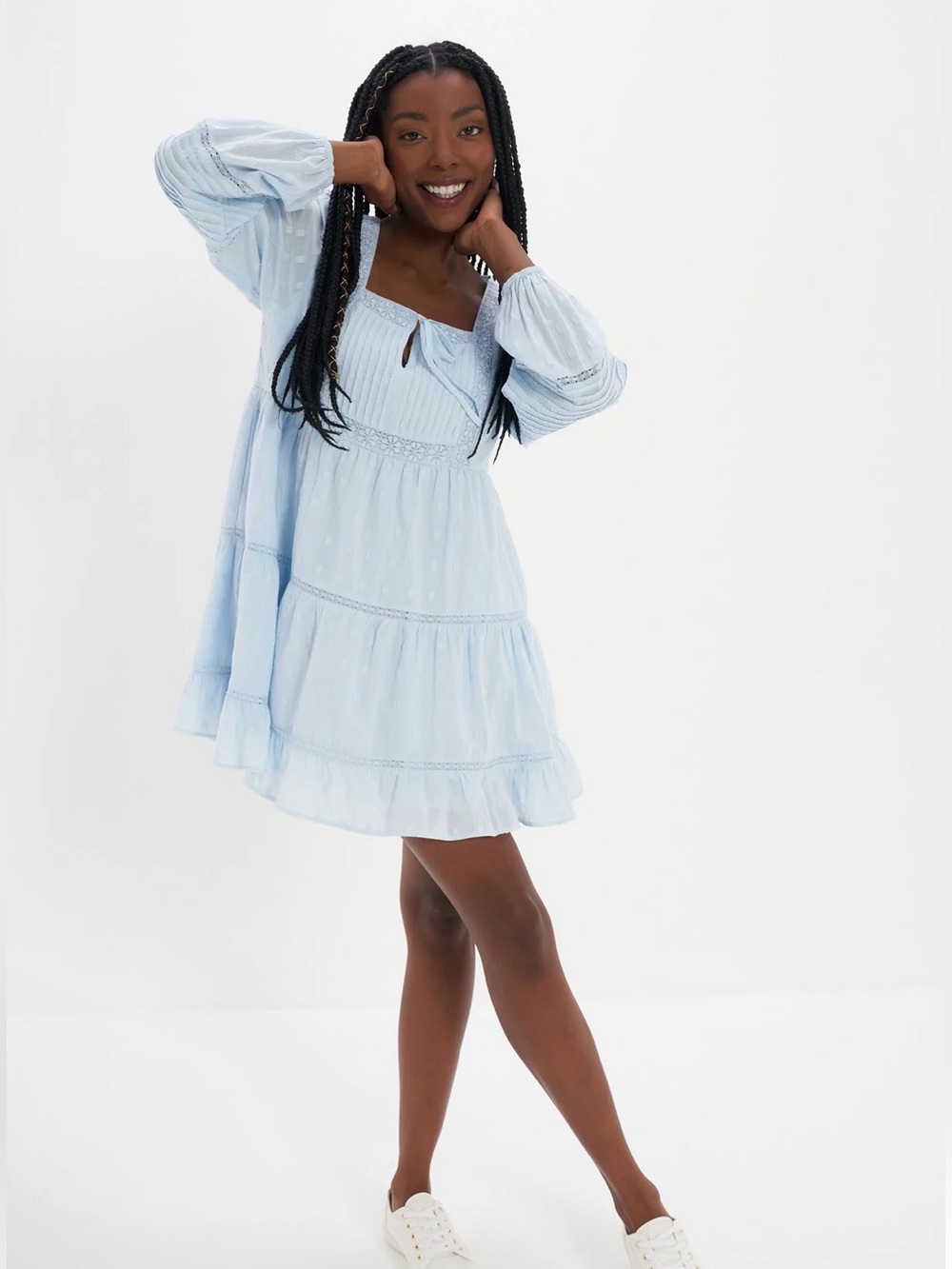 AE Pintuck Long-Sleeve Babydoll Mini Dress Peasant Style Tiered S NWOT